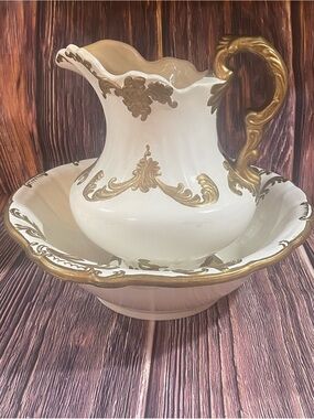 Vintage Porcelain Pitcher and Basin Set Victorian Decor Gorgeous Gold